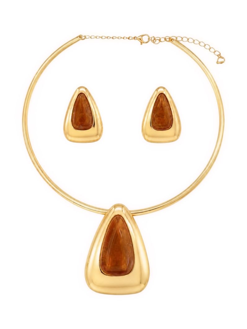 Conjunto Choker Aro e Brinco Folheado a Ouro 18k Triangulo Resinado