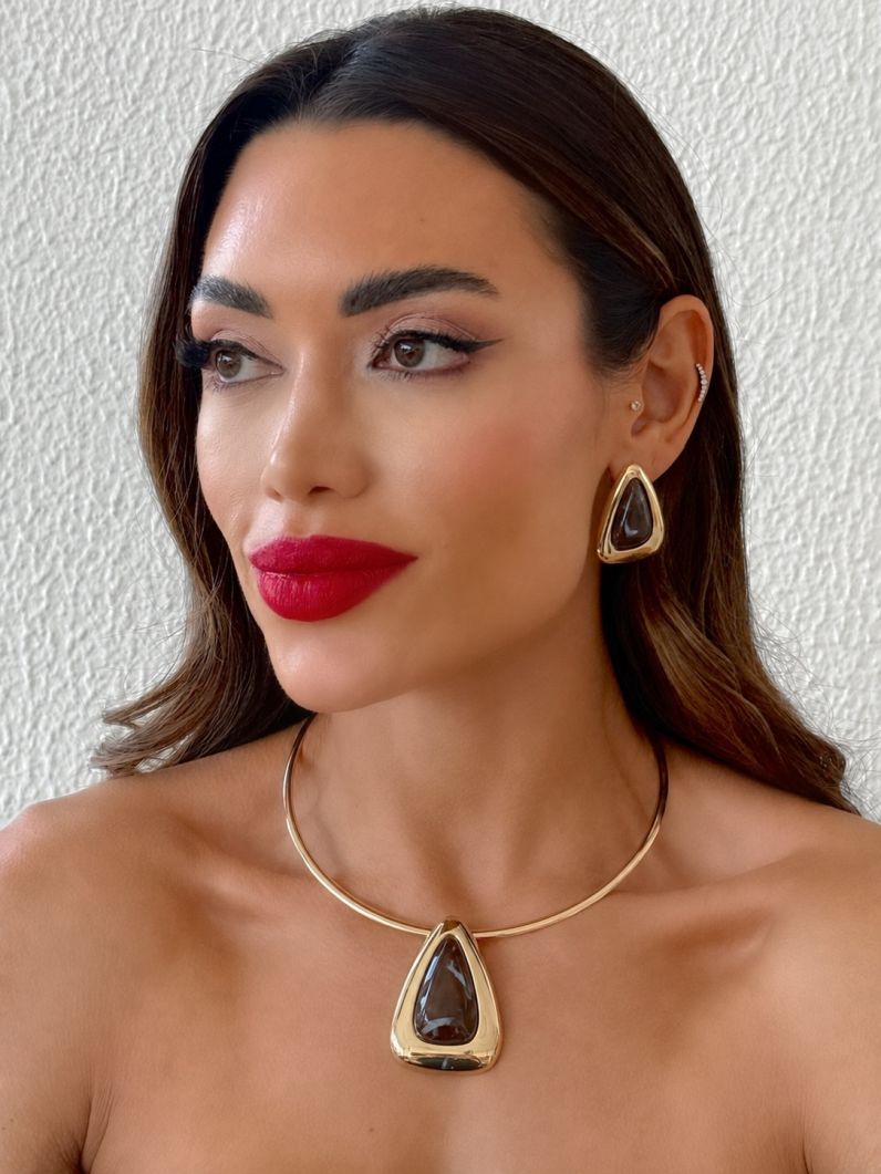 Conjunto Choker Aro e Brinco Folheado a Ouro 18k Triangulo Resinado