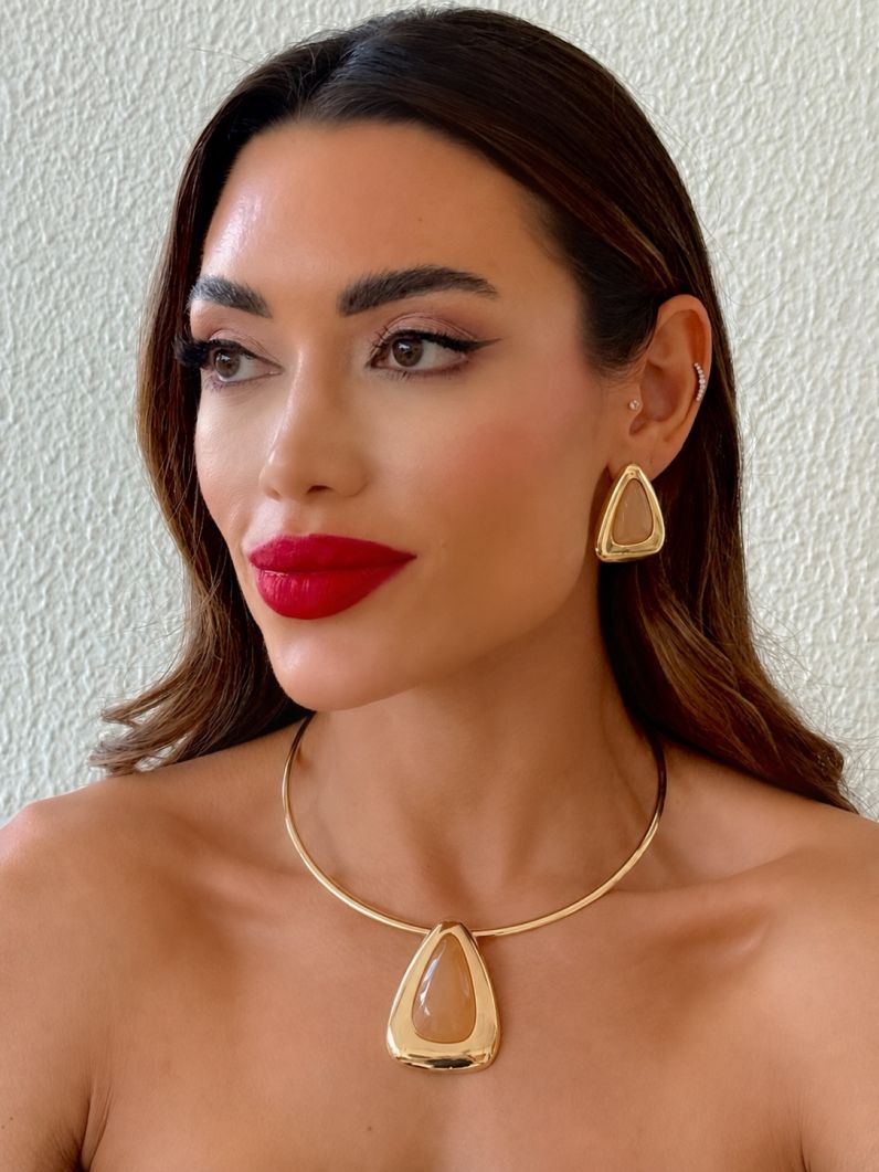 Conjunto Choker Aro e Brinco Folheado a Ouro 18k Triangulo Resinado