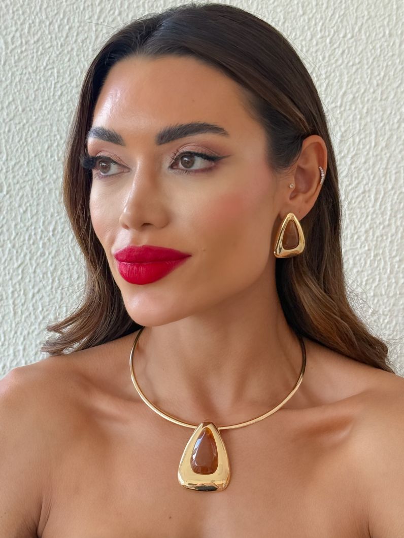 Conjunto Choker Aro e Brinco Folheado a Ouro 18k Triangulo Resinado