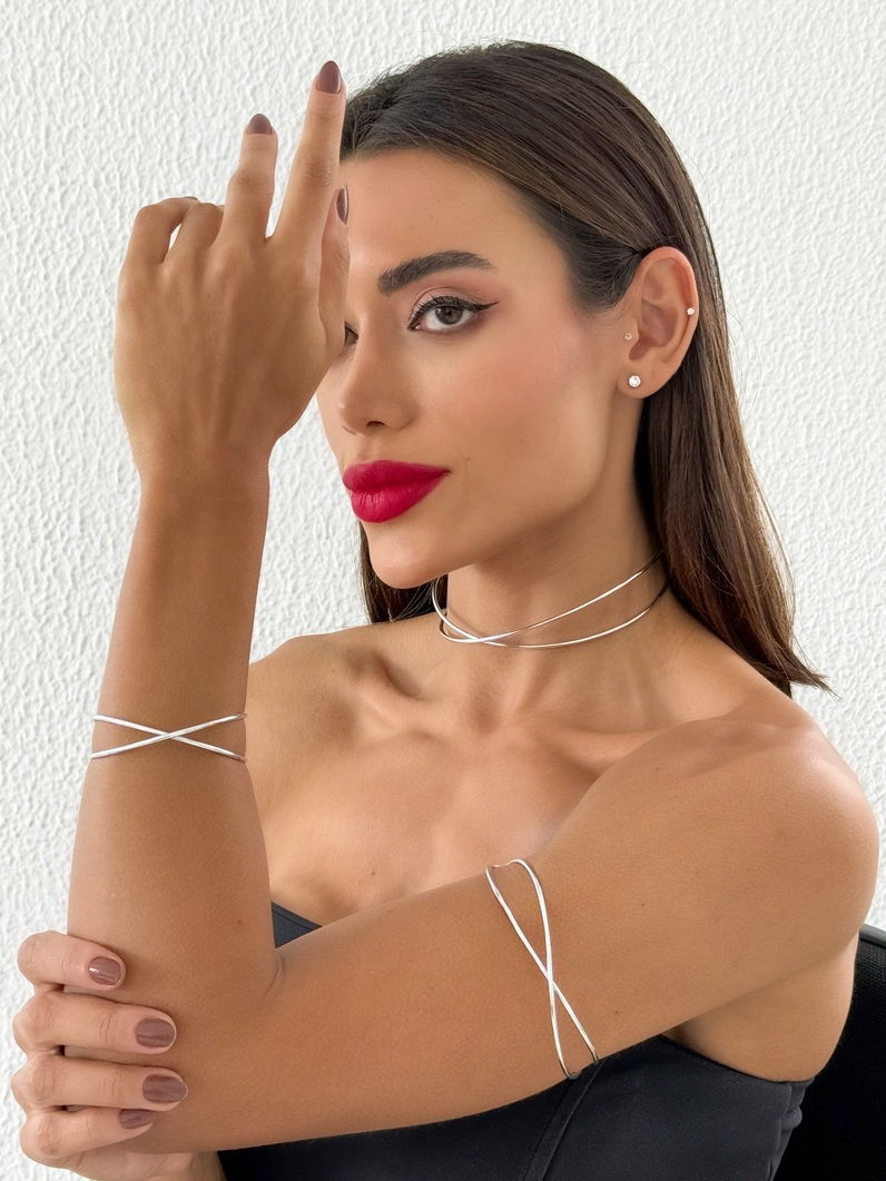 Conjunto Choker, Bracelete Pulso e Bracelete Bíceps Folheado a Ouro 18k e Prata Aro Cruzado