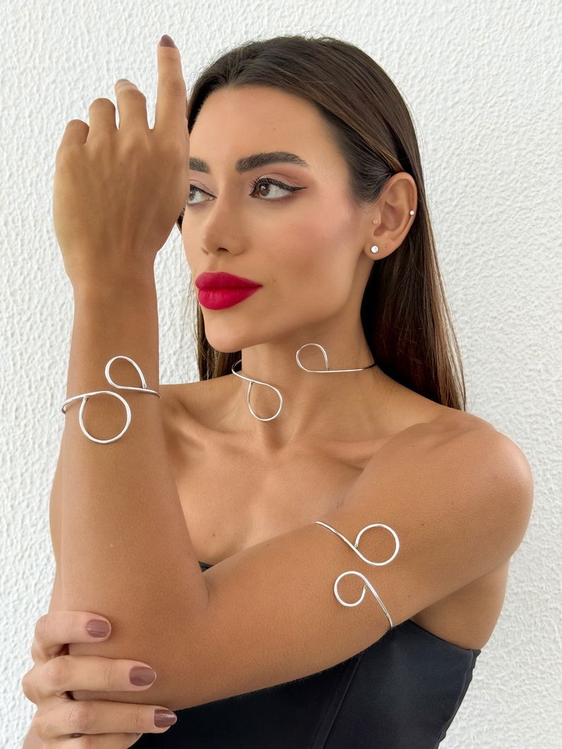 Conjunto Choker, Bracelete Pulso e Bracelete Bíceps Folheado a Ouro 18k e Prata Aro em Circulo