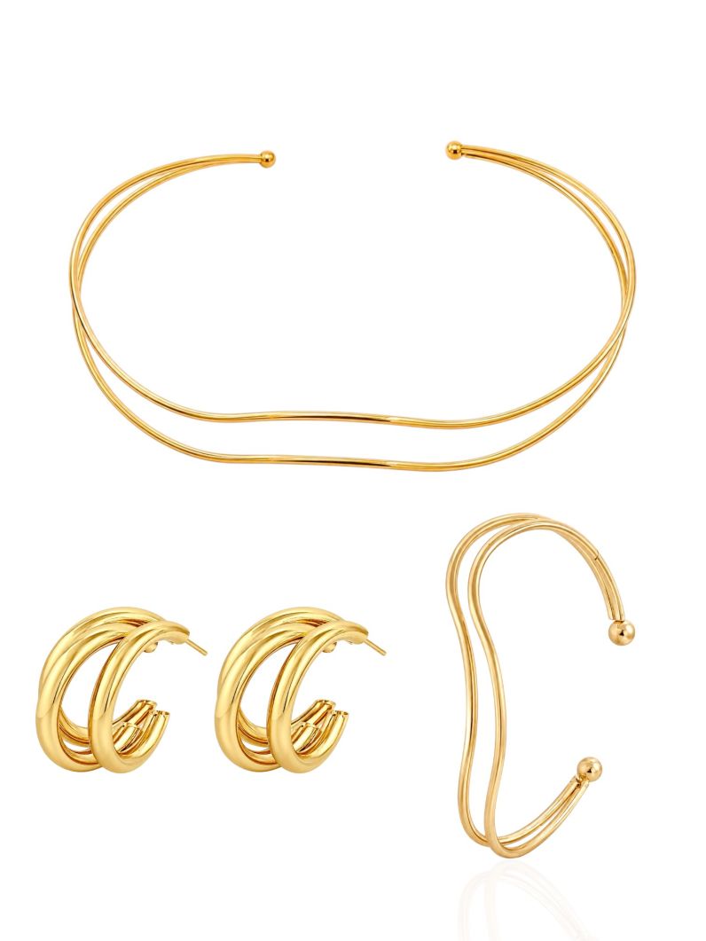 Conjunto Choker, Brinco e Bracelete Folheado a Ouro 18k e Prata Aro Fios Ondulado