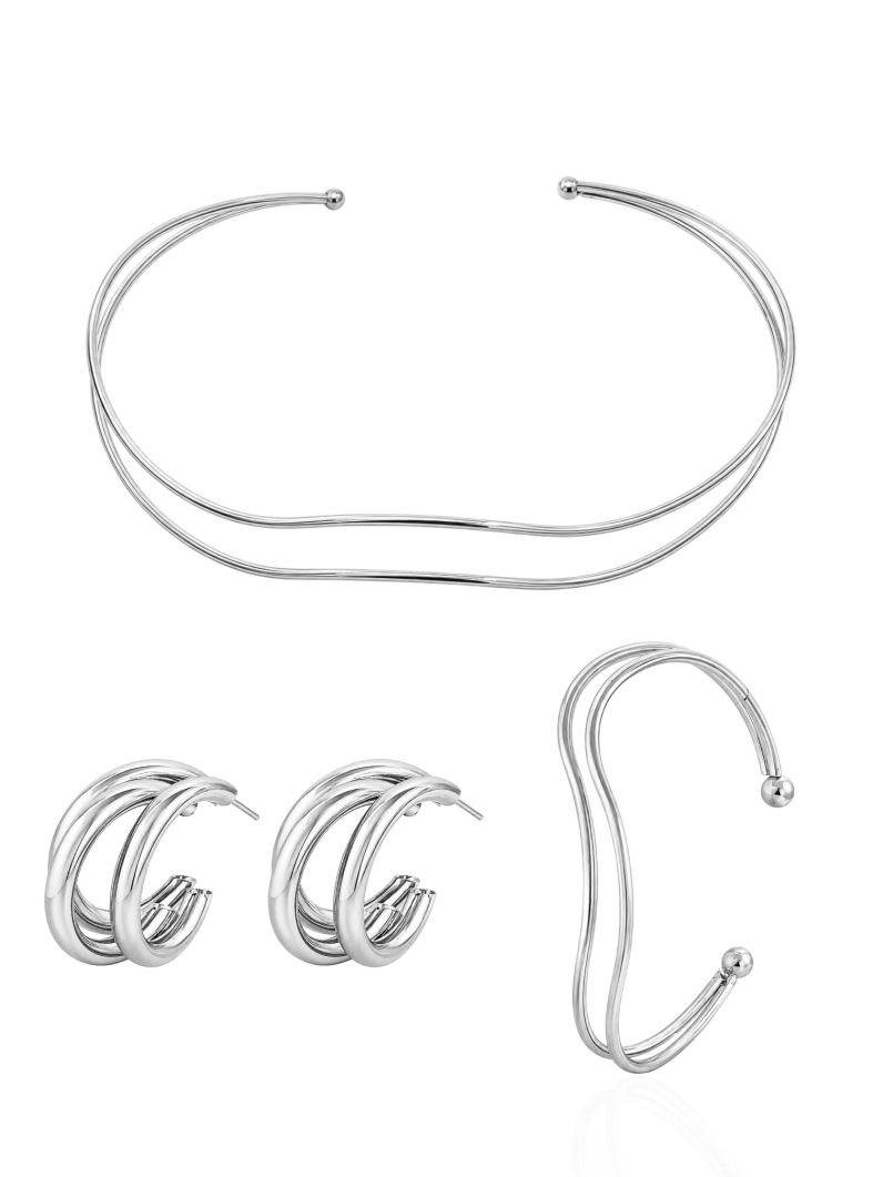 Conjunto Choker, Brinco e Bracelete Folheado a Ouro 18k e Prata Aro Fios Ondulado