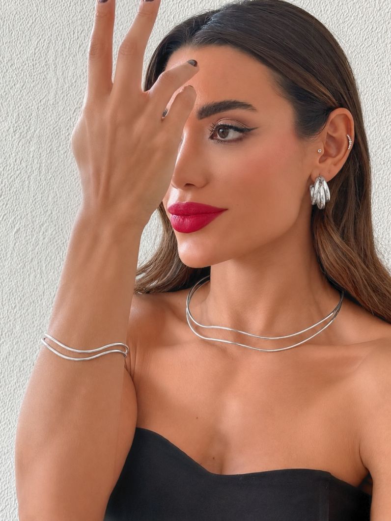 Conjunto Choker, Brinco e Bracelete Folheado a Ouro 18k e Prata Aro Fios Ondulado