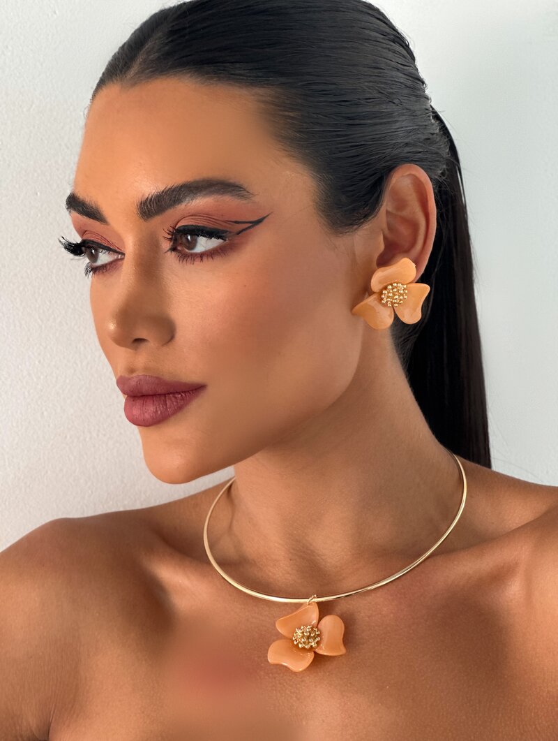 Conjunto Choker e Brinco Aro com Flor de Acrílico Três Pétalas