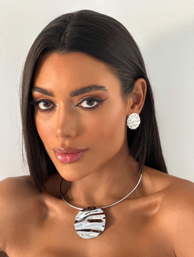 Conjunto Choker e Brinco Folheada a Ouro 18k e Prata Aro com Circulo Martelado