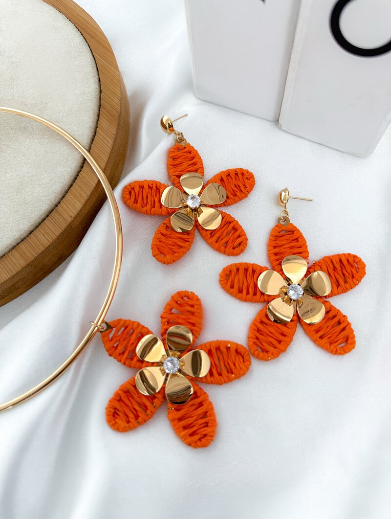 Conjunto Choker e Brinco Folheado a Ouro 18k Aro com Flor de Palha