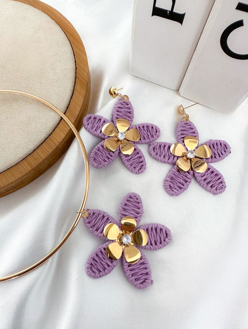 Conjunto Choker e Brinco Folheado a Ouro 18k Aro com Flor de Palha
