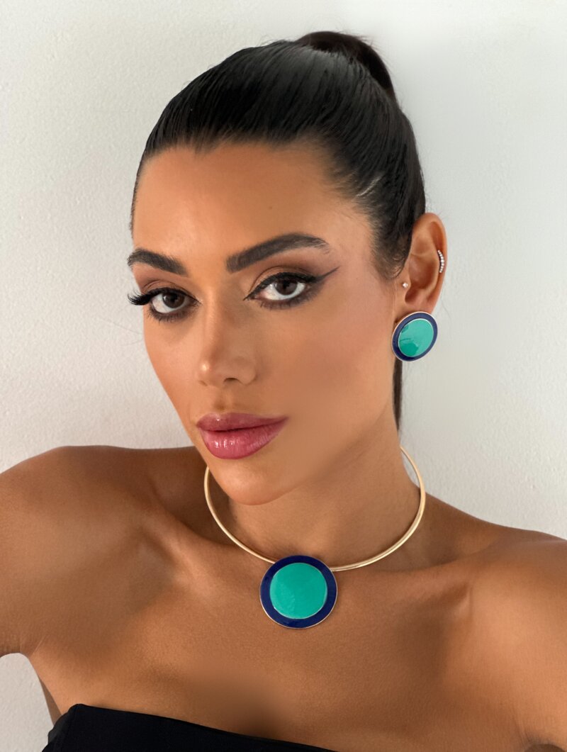 Conjunto Choker e Brinco Folheado a Ouro 18k com Botton Resinado