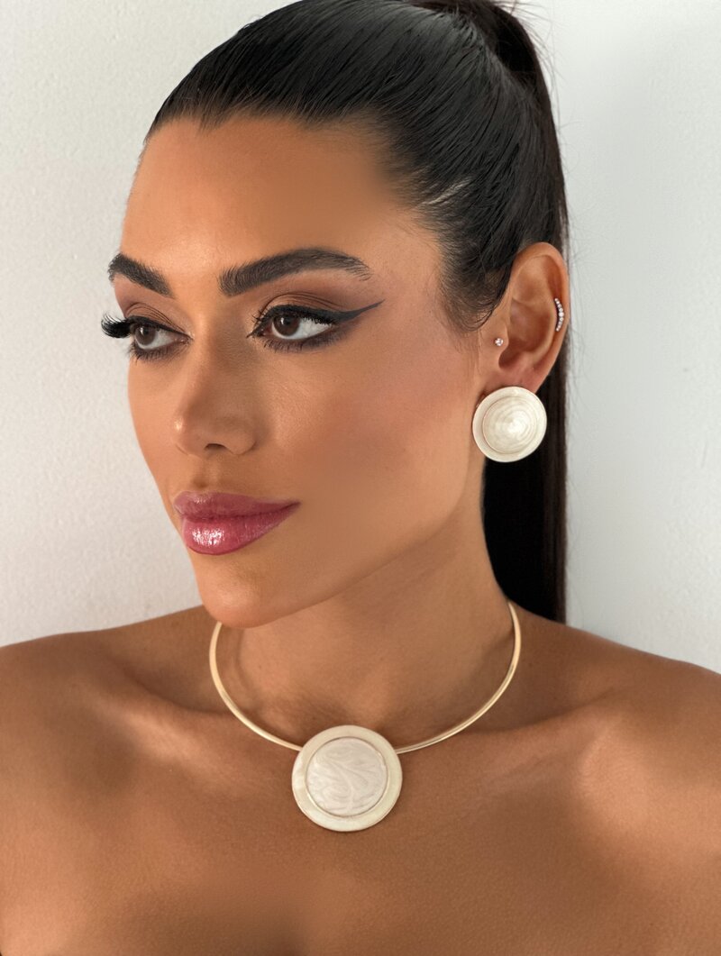 Conjunto Choker e Brinco Folheado a Ouro 18k com Botton Resinado