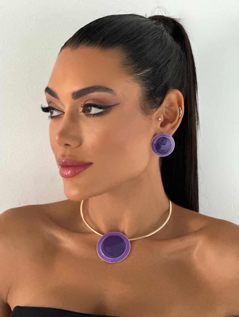 Conjunto Choker e Brinco Folheado a Ouro 18k com Botton Resinado