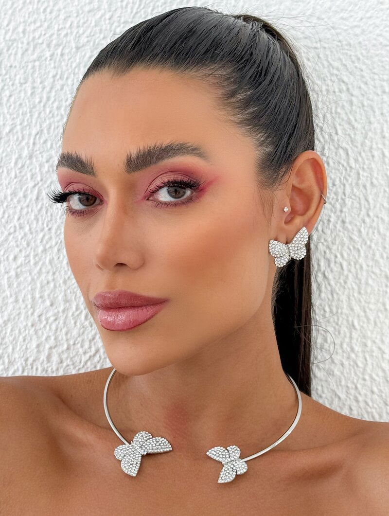 Conjunto Choker e Brinco Folheado a Ouro 18k e Prata Aro com Borboleta