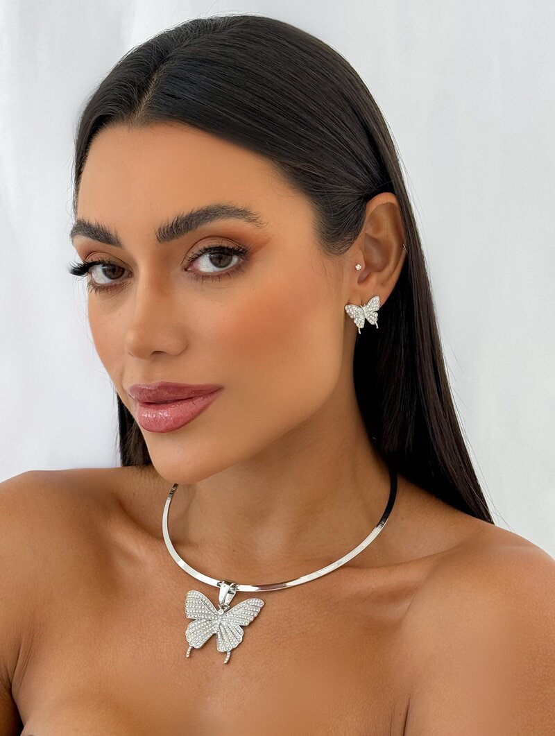 Conjunto Choker e Brinco Folheado a Ouro 18k e Prata Aro com Borboleta Cravejada