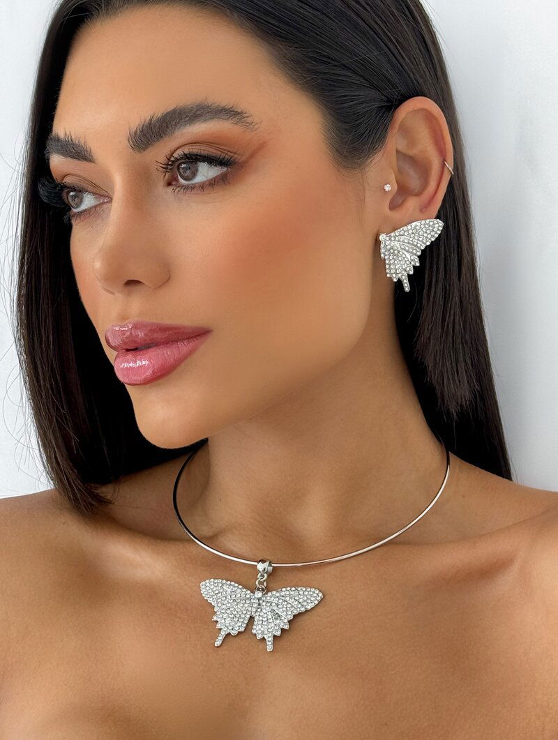 Conjunto Choker e Brinco Folheado a Ouro 18k e Prata Aro com Borboleta Luxo Cravejada