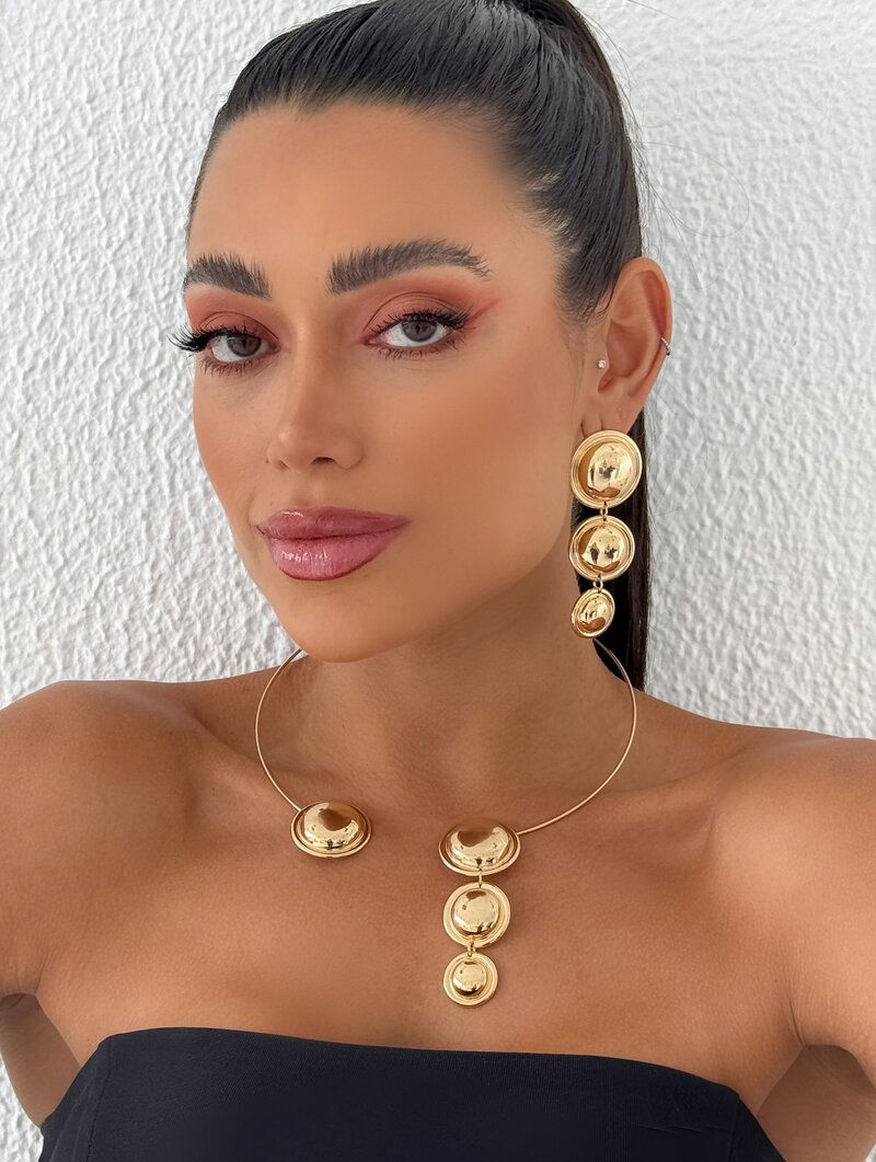 Conjunto Choker e Brinco Folheado a Ouro 18k e Prata Aro com Circulos Lisos