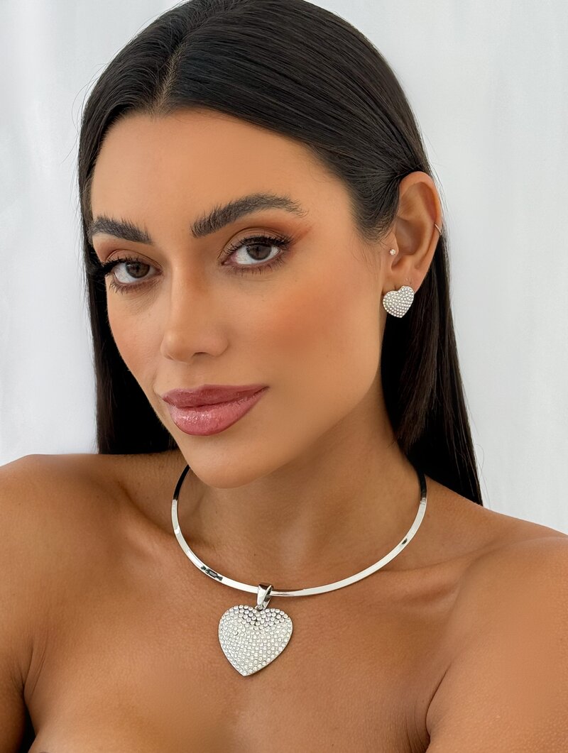 Conjunto Choker e Brinco Folheado a Ouro 18k e Prata Aro com Coração Cravejado