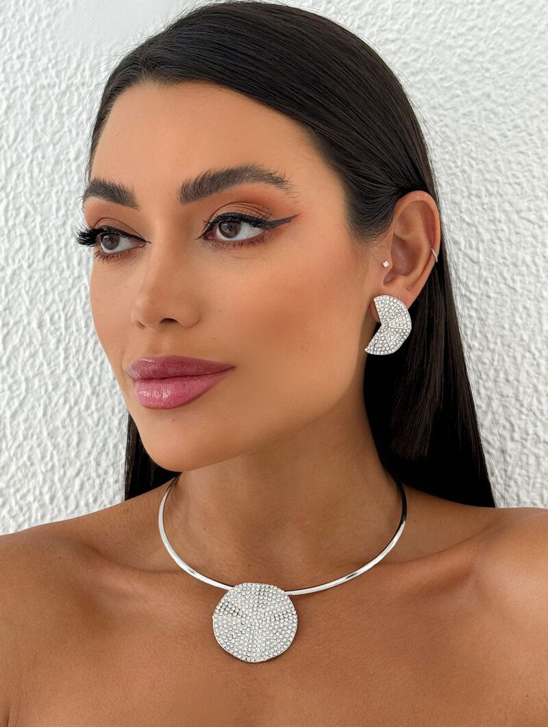 Conjunto Choker e Brinco Folheado a Ouro 18k e Prata Aro com Pingente Cravejado