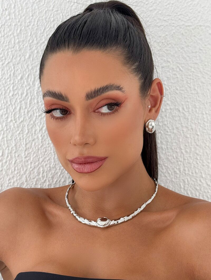 Conjunto Choker e Brinco Folheado a Ouro 18k e Prata Aro Martelado com Botton