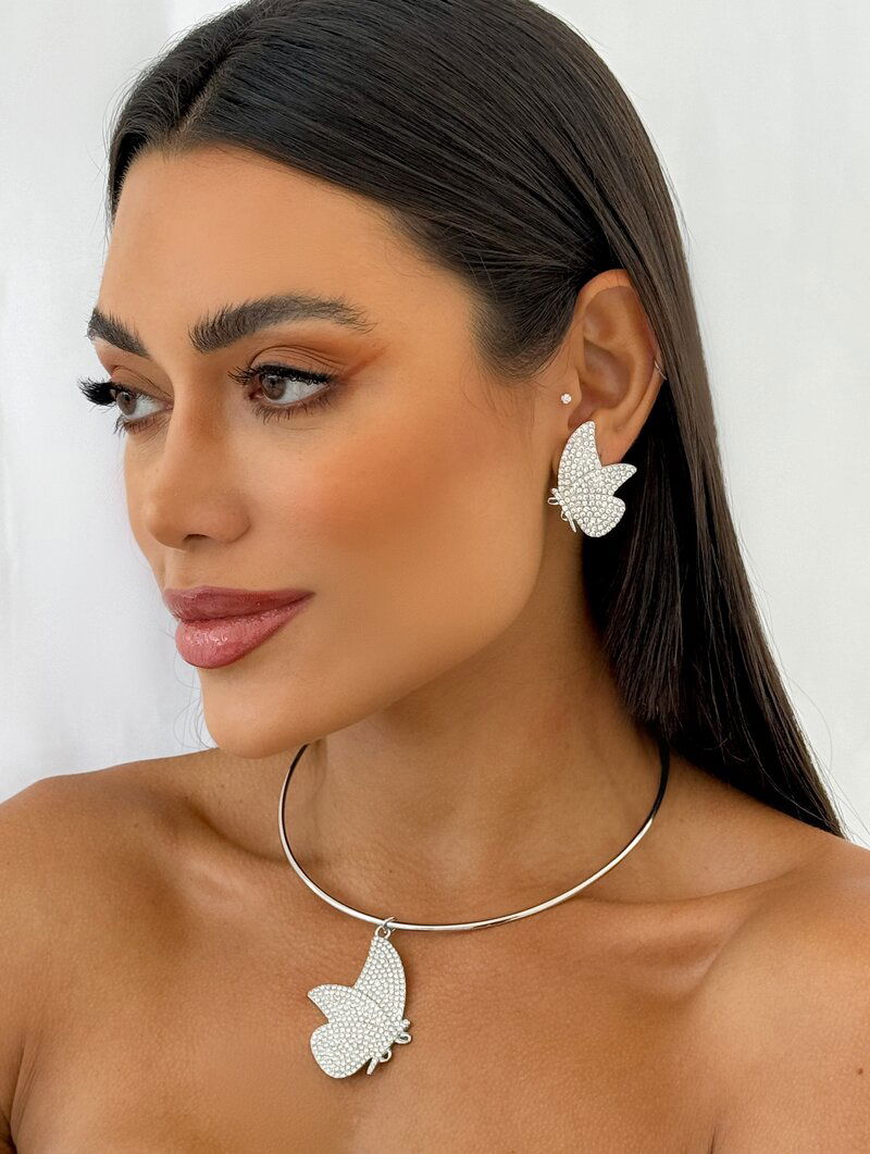 Conjunto Choker e Brinco Folheado a Ouro 18k e Prata Borboleta Perfil Cravejada