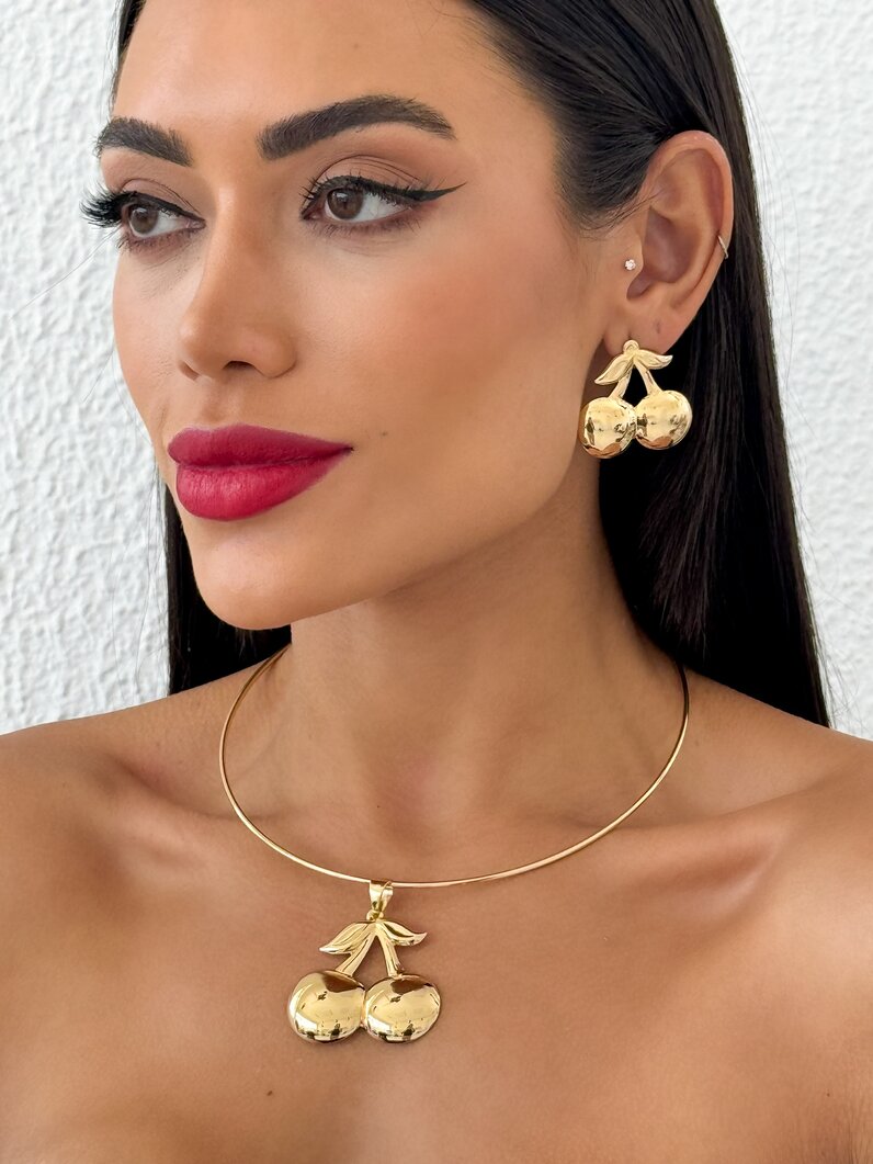 Conjunto Choker e Brinco Folheado a Ouro 18k e Prata Cereja