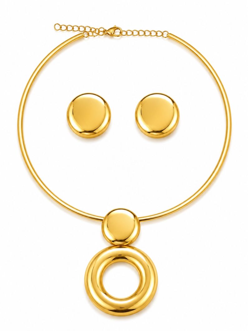 Conjunto Choker e Brinco Folheado a Ouro 18k e Prata Circulos Lisos e Vazado