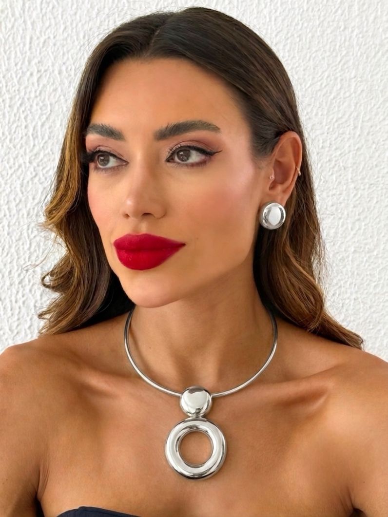 Conjunto Choker e Brinco Folheado a Ouro 18k e Prata Circulos Lisos e Vazado