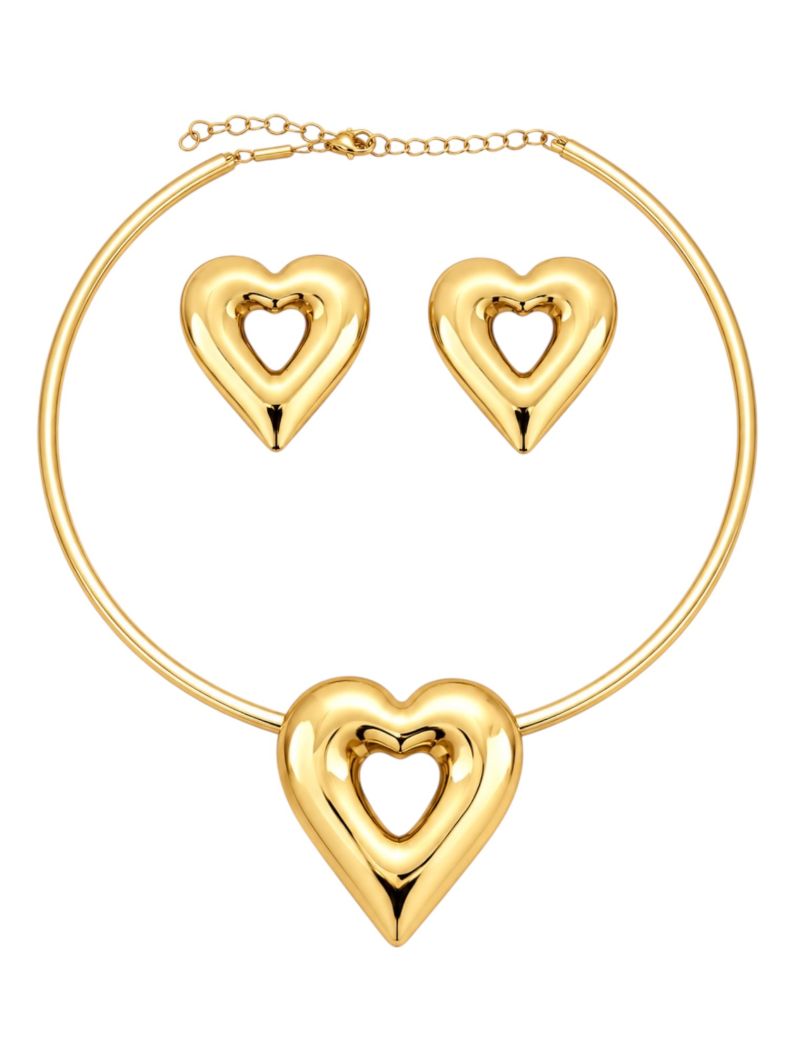 Conjunto Choker e Brinco Folheado a Ouro 18k e Prata Coração Vazado
