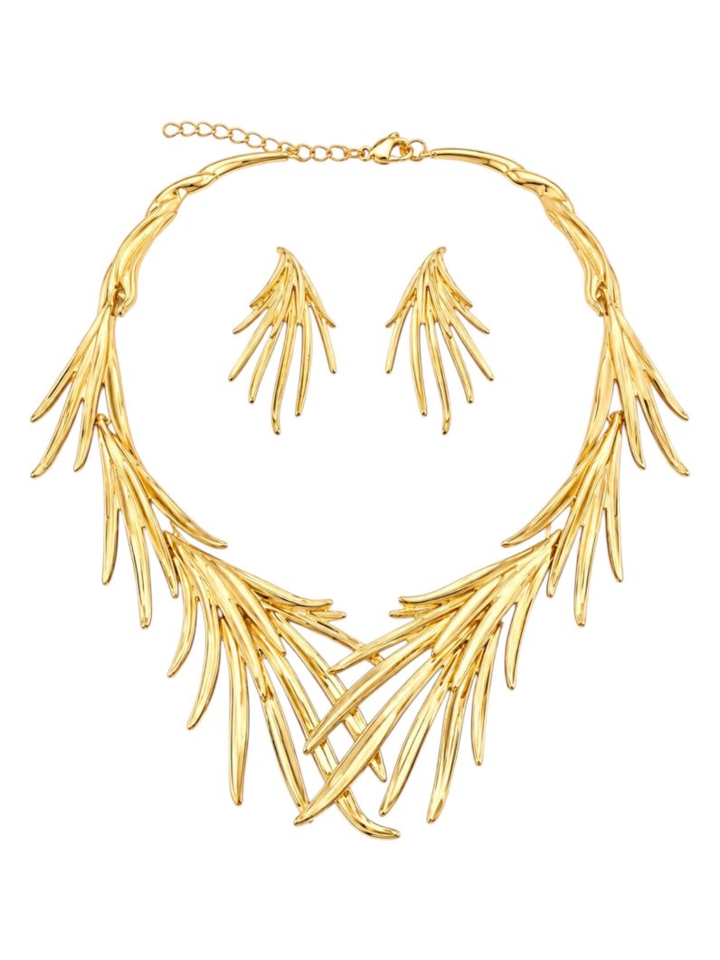 Conjunto Choker e Brinco Folheado a Ouro 18k e Prata Design Folhas Texturizadas