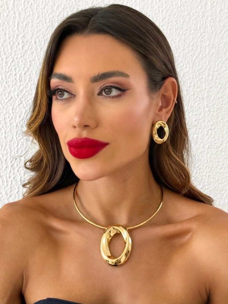 Conjunto Choker e Brinco Folheado a Ouro 18k e Prata Design Oval Vazado