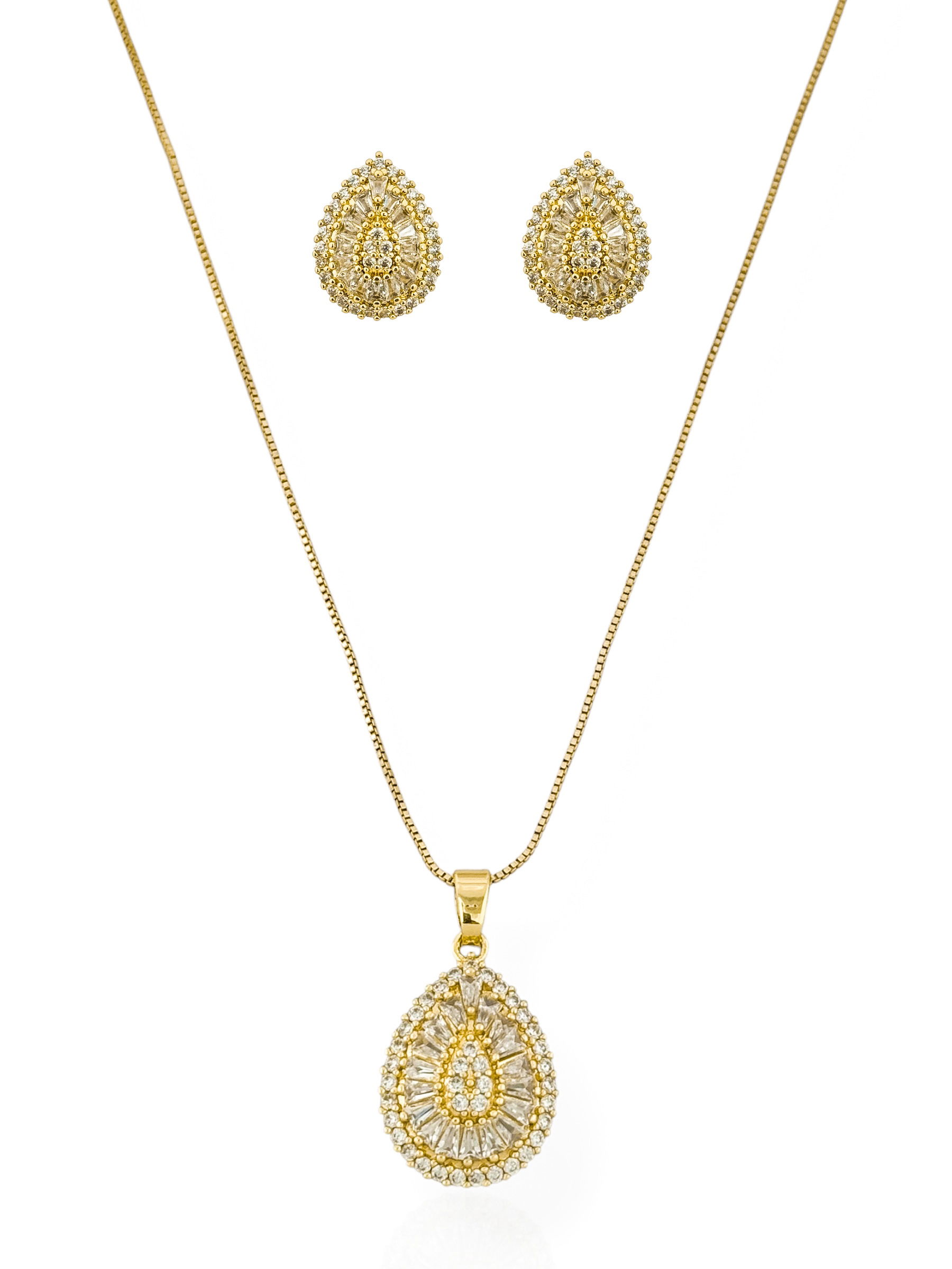 Conjunto Colar e Brinco Folheado a Ouro 18k e Prata Gota Cravejada