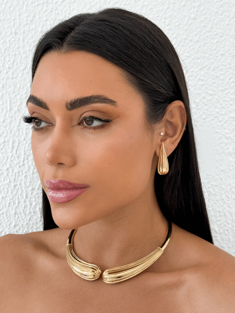 Conjunto Choker e Brinco Folheado a Ouro 18k e Prata Gota Texturizadas