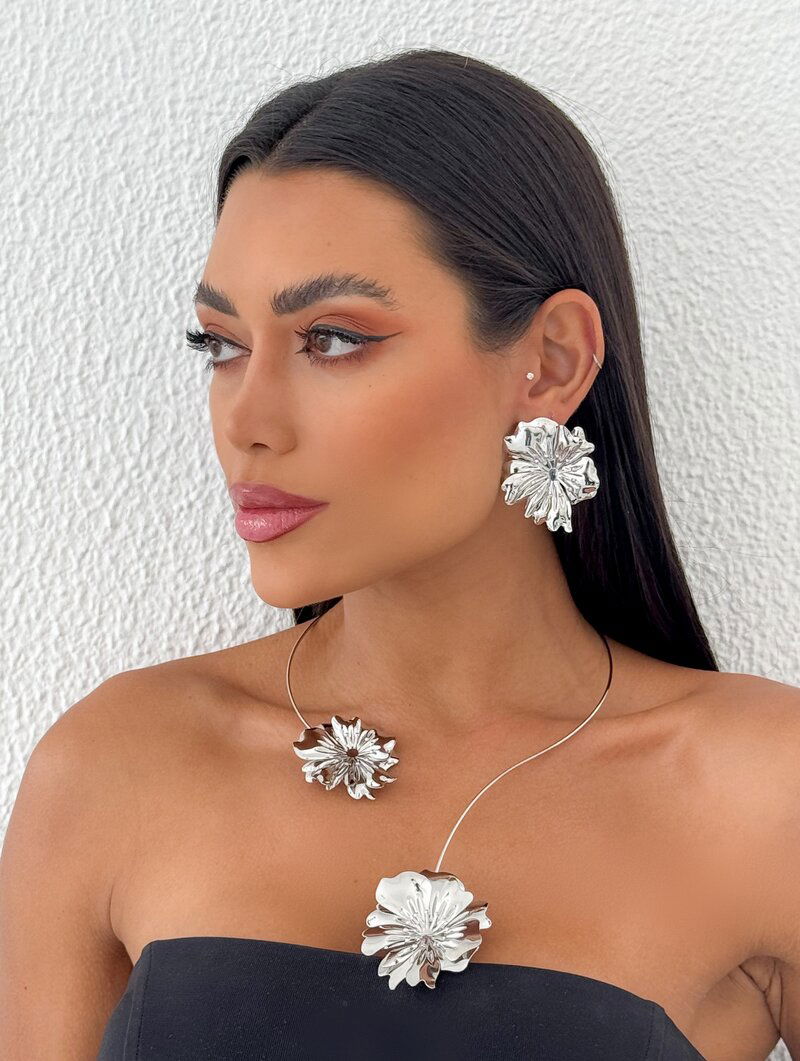 Conjunto Choker e Brinco Folheado a Ouro 18k e Prata Maxi Flor
