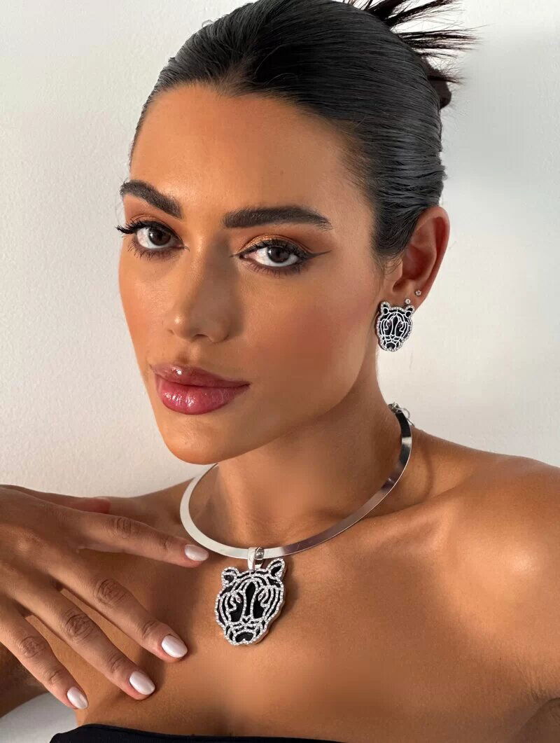 Conjunto Choker e Brinco Folheado a Ouro 18k e Prata Pantera Cravejada