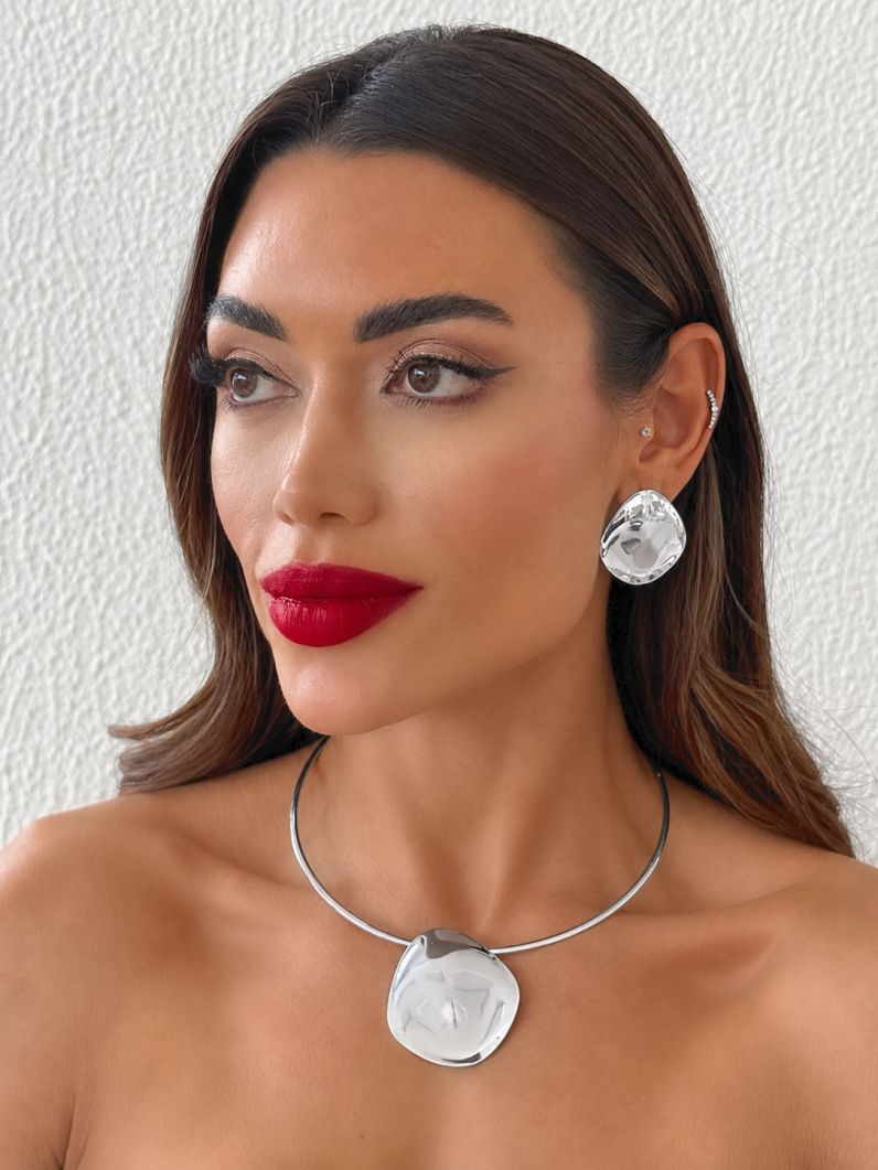 Conjunto Choker e Brinco Folheado a Ouro 18k e Prata Placa Lisa