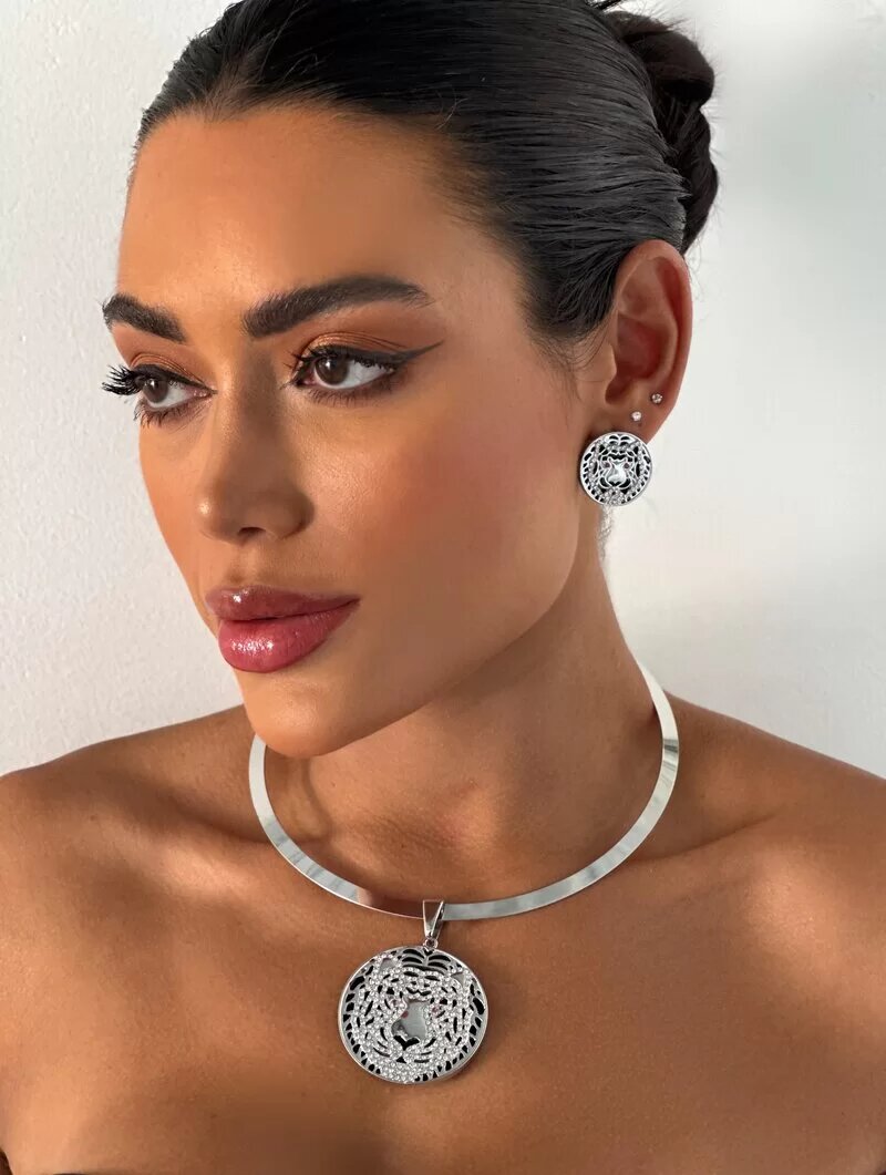 Conjunto Choker e Brinco Folheado a Ouro 18k e Prata Tigre Cravejado