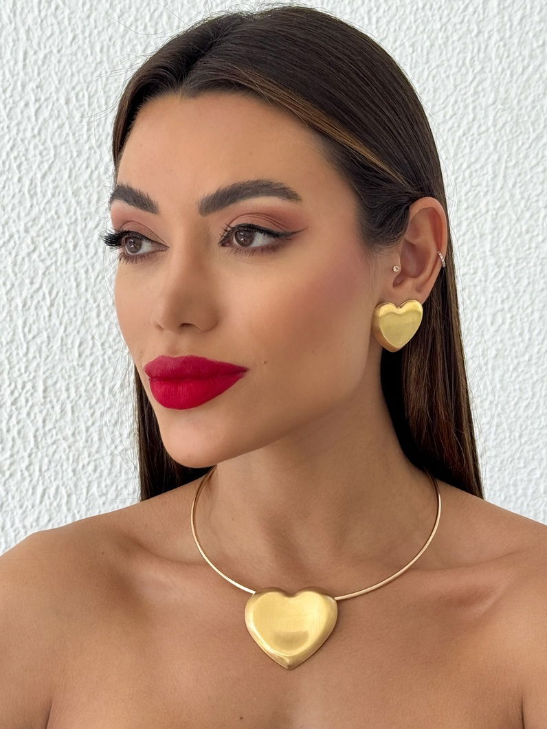 Conjunto Colar Aro e Brinco Folheado a Ouro 18k e Prata Coração Escovado