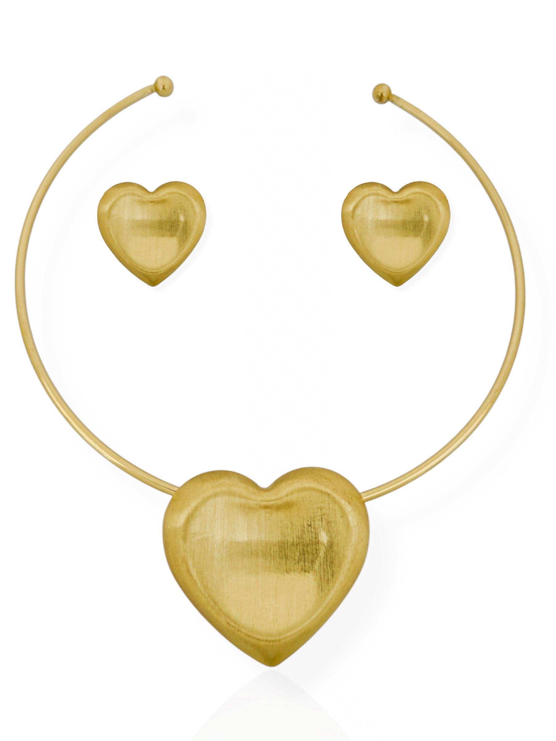 Conjunto Colar Aro e Brinco Folheado a Ouro 18k e Prata Coração Escovado