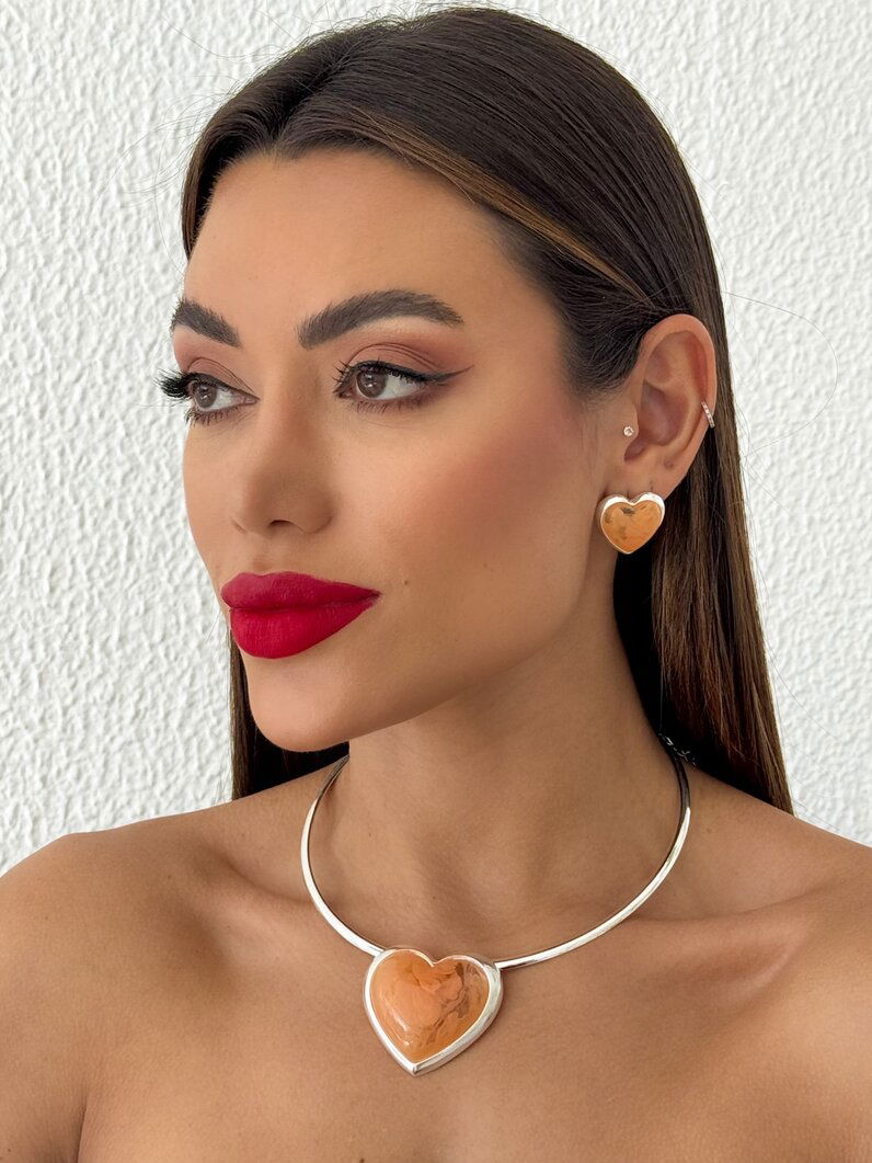 Conjunto Colar Aro e Brinco Folheado a Ouro 18k e Prata Coração Resinado