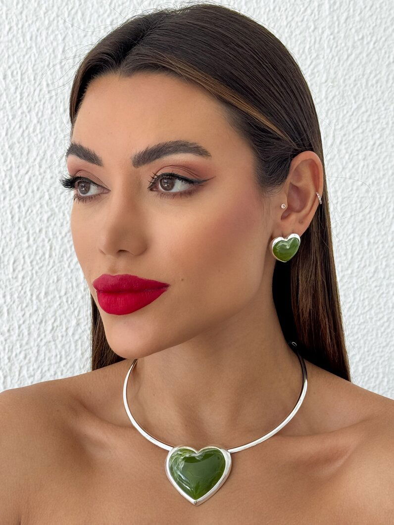 Conjunto Colar Aro e Brinco Folheado a Ouro 18k e Prata Coração Resinado