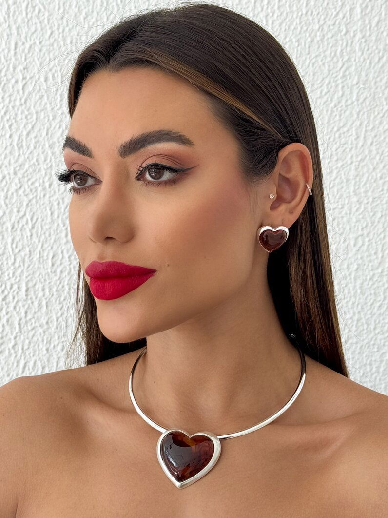 Conjunto Colar Aro e Brinco Folheado a Ouro 18k e Prata Coração Resinado