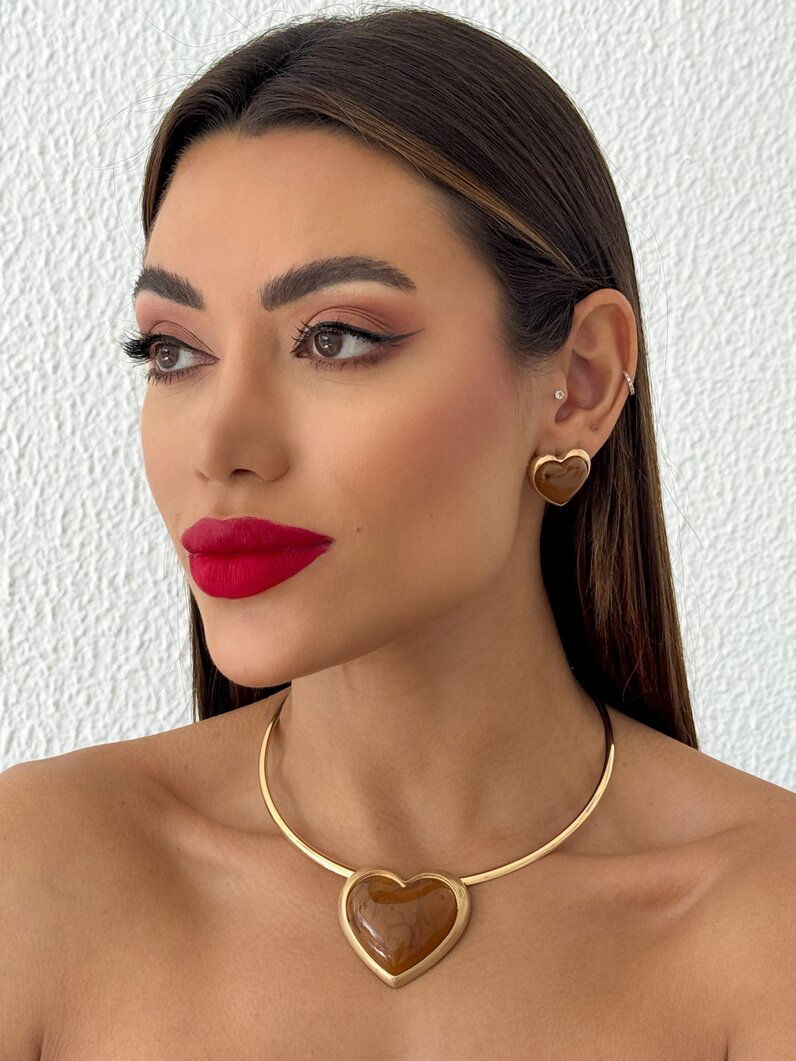 Conjunto Colar Aro e Brinco Folheado a Ouro 18k e Prata Coração Resinado