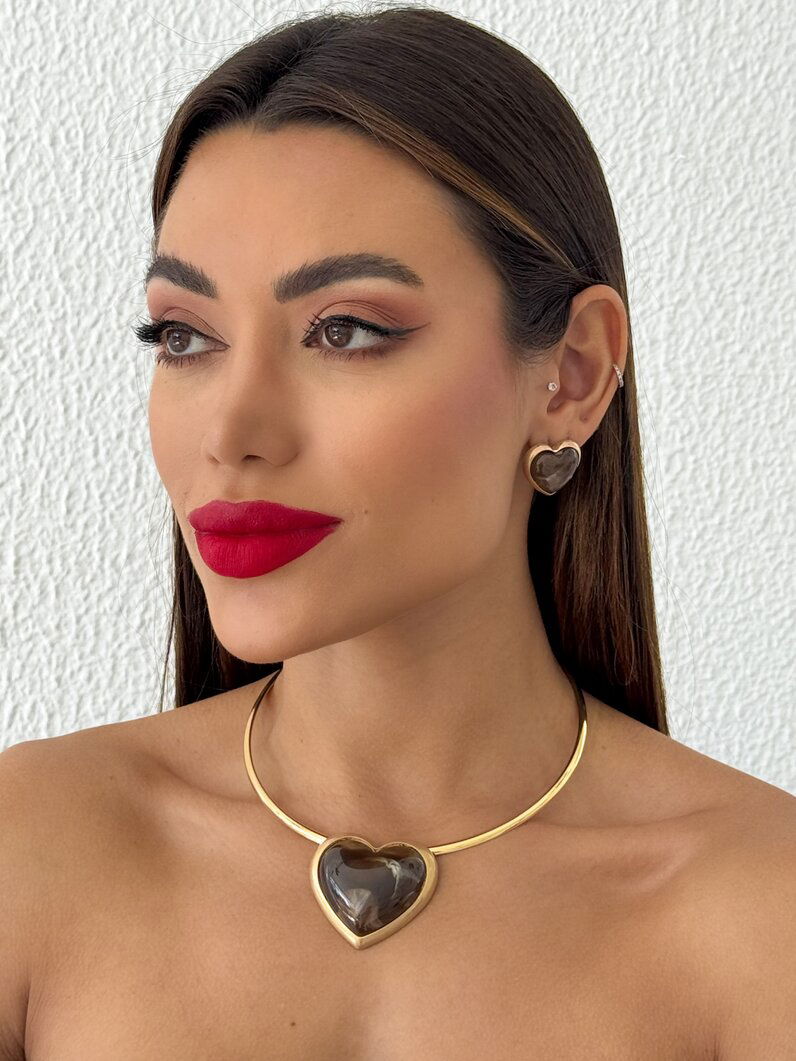 Conjunto Colar Aro e Brinco Folheado a Ouro 18k e Prata Coração Resinado
