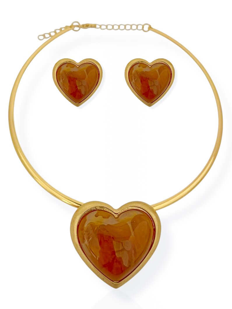 Conjunto Colar Aro e Brinco Folheado a Ouro 18k e Prata Coração Resinado