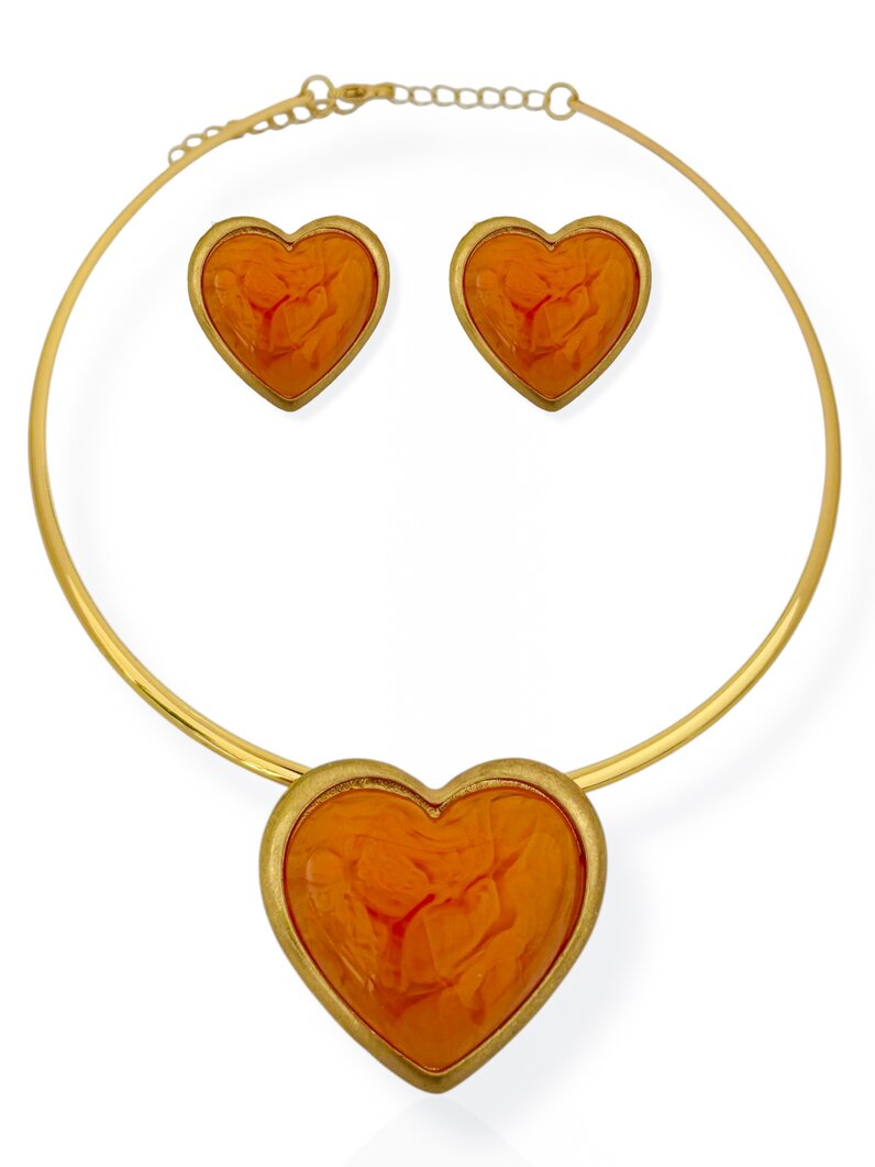 Conjunto Colar Aro e Brinco Folheado a Ouro 18k e Prata Coração Resinado