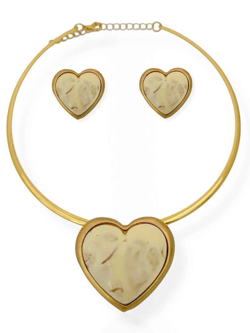 Conjunto Colar Aro e Brinco Folheado a Ouro 18k e Prata Coração Resinado