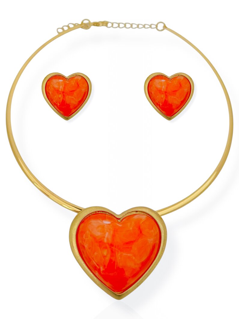 Conjunto Colar Aro e Brinco Folheado a Ouro 18k e Prata Coração Resinado