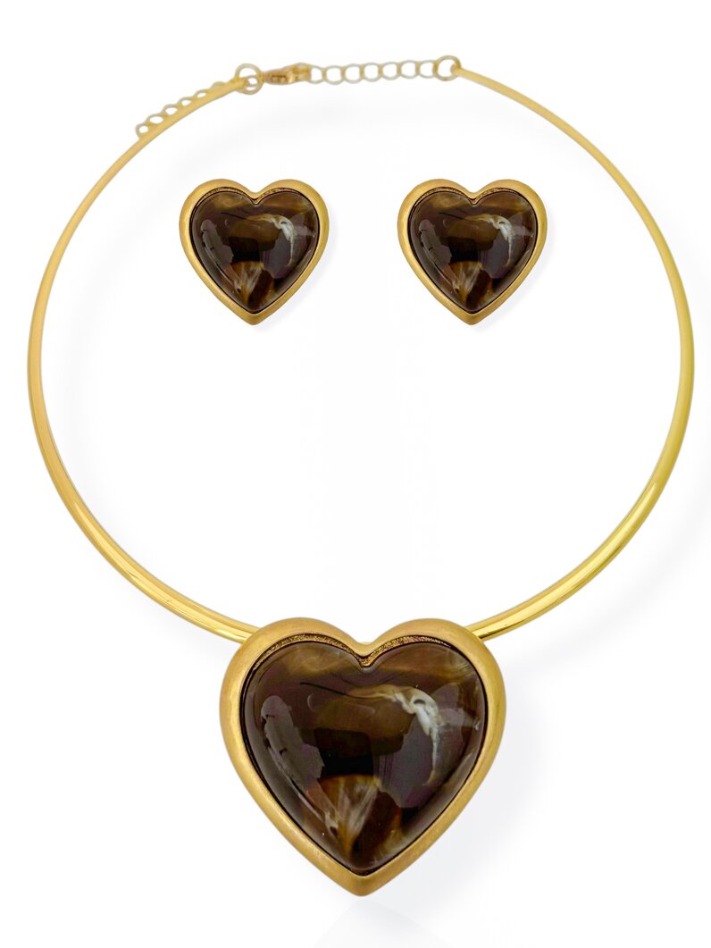 Conjunto Colar Aro e Brinco Folheado a Ouro 18k e Prata Coração Resinado