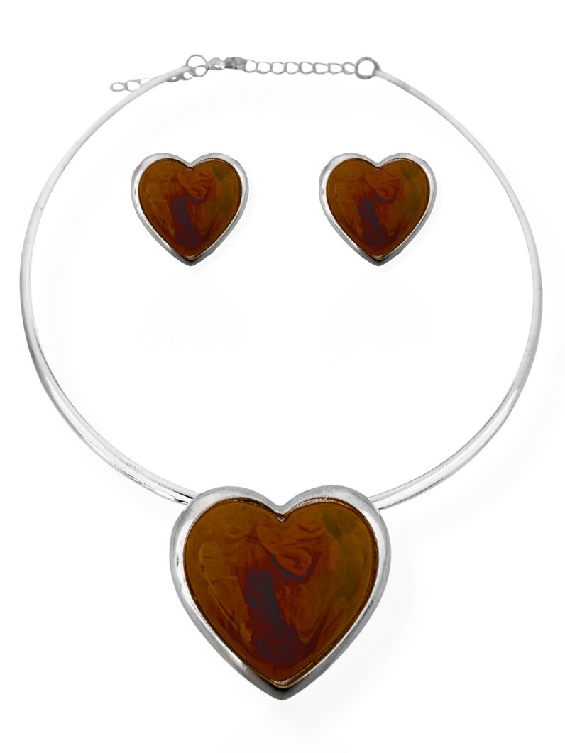 Conjunto Colar Aro e Brinco Folheado a Ouro 18k e Prata Coração Resinado