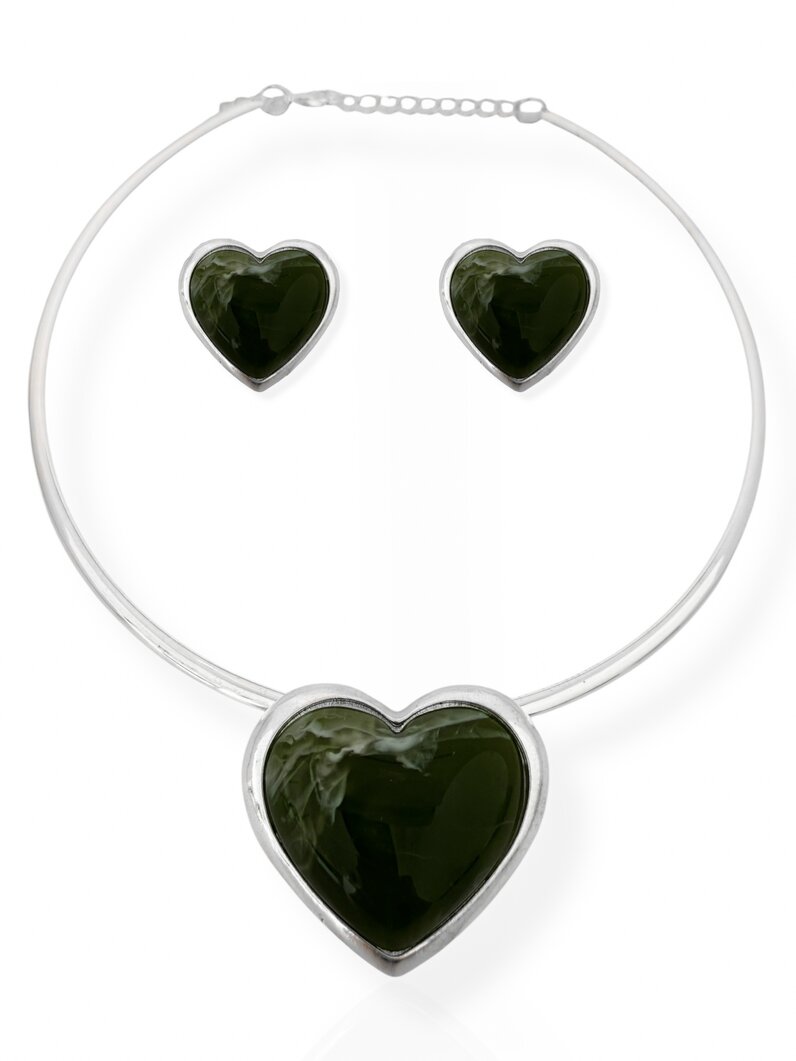 Conjunto Colar Aro e Brinco Folheado a Ouro 18k e Prata Coração Resinado